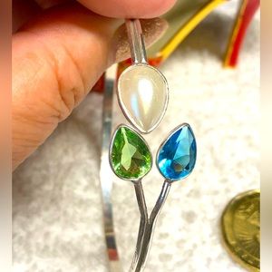 Sterling dainty bangle with created pearl and blue and green rhinestones